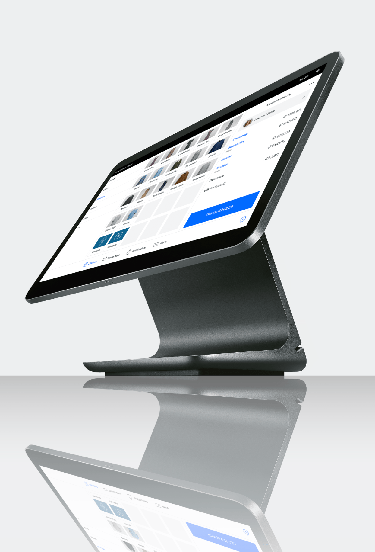 Square Register payment device on countertop with screen visible.